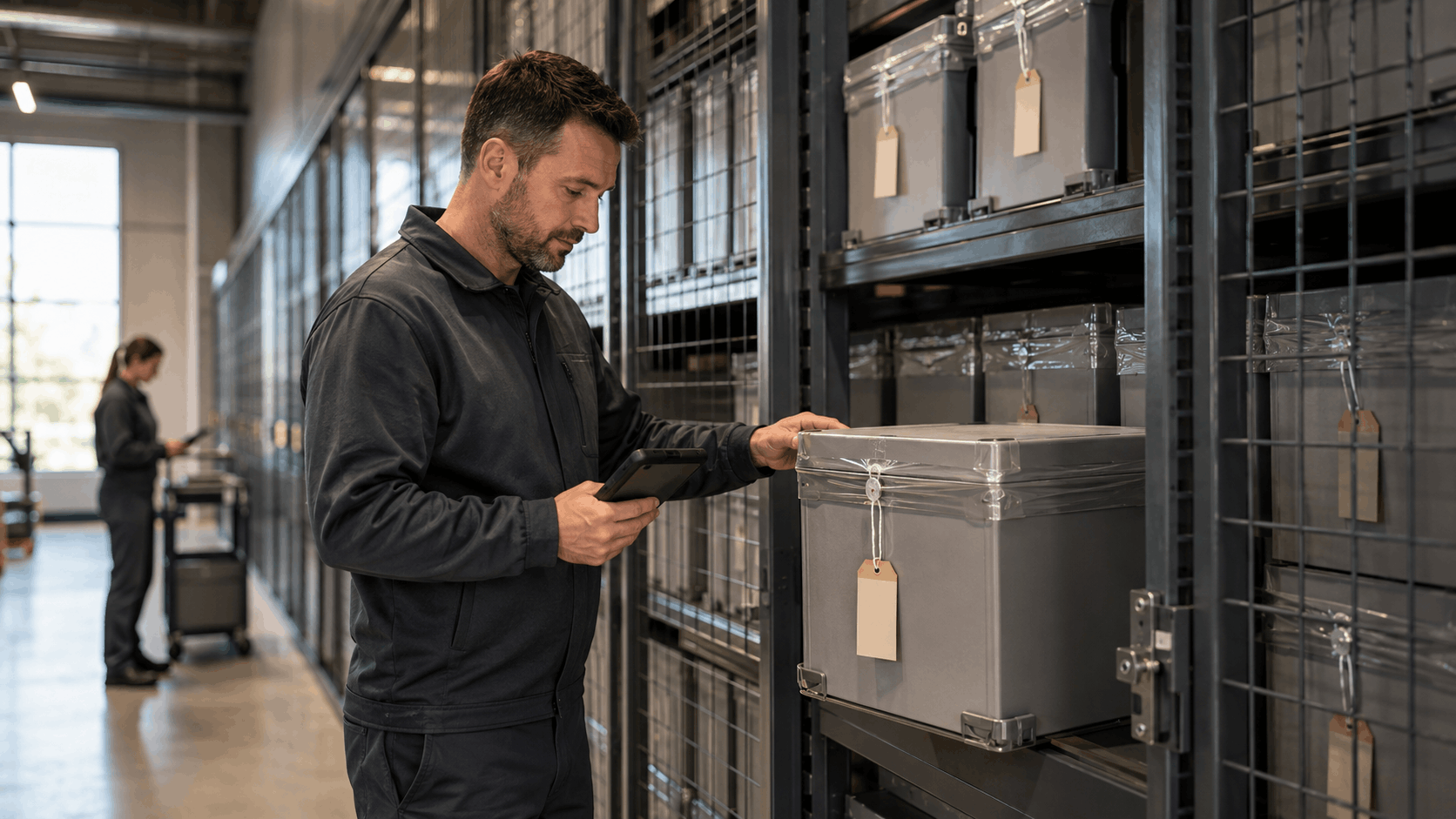 Warehouse worker scanning tagged storage box on metal shelving unit with tablet