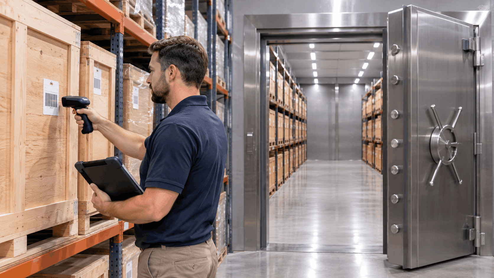 Warehouse worker scanning barcode on wooden crate beside open vault door storage facility