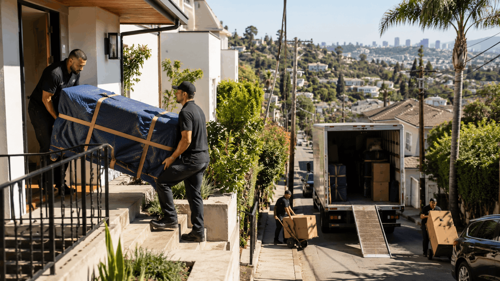 Professional movers carrying wrapped furniture down steep Los Feliz hillside steps to moving truck