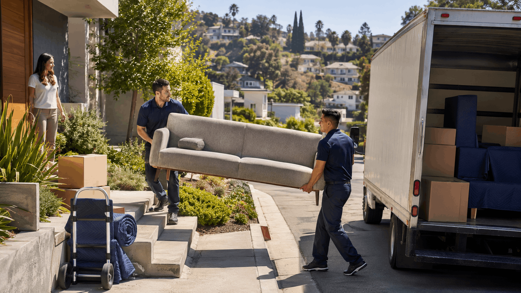 Two professional movers carrying gray sofa into moving truck at Los Angeles hillside home
