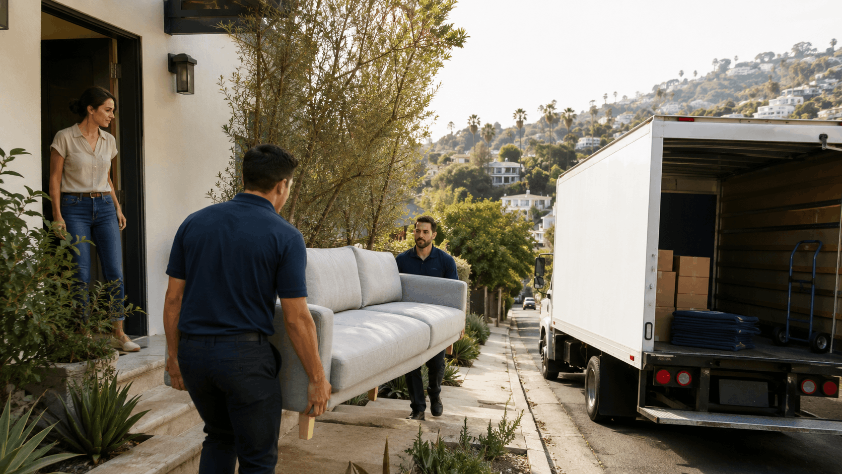 Two Popeye Moving movers carrying gray sofa into Los Feliz home from truck