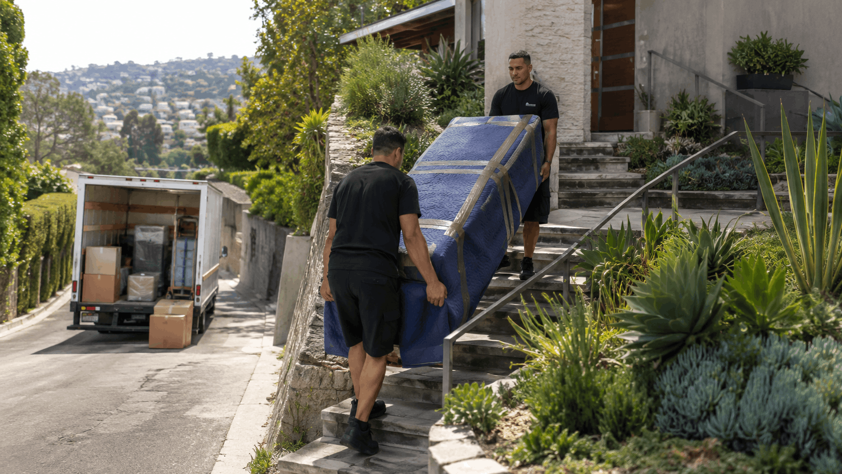 Two Popeye Moving crew members carrying wrapped furniture up steep Los Angeles hillside steps
