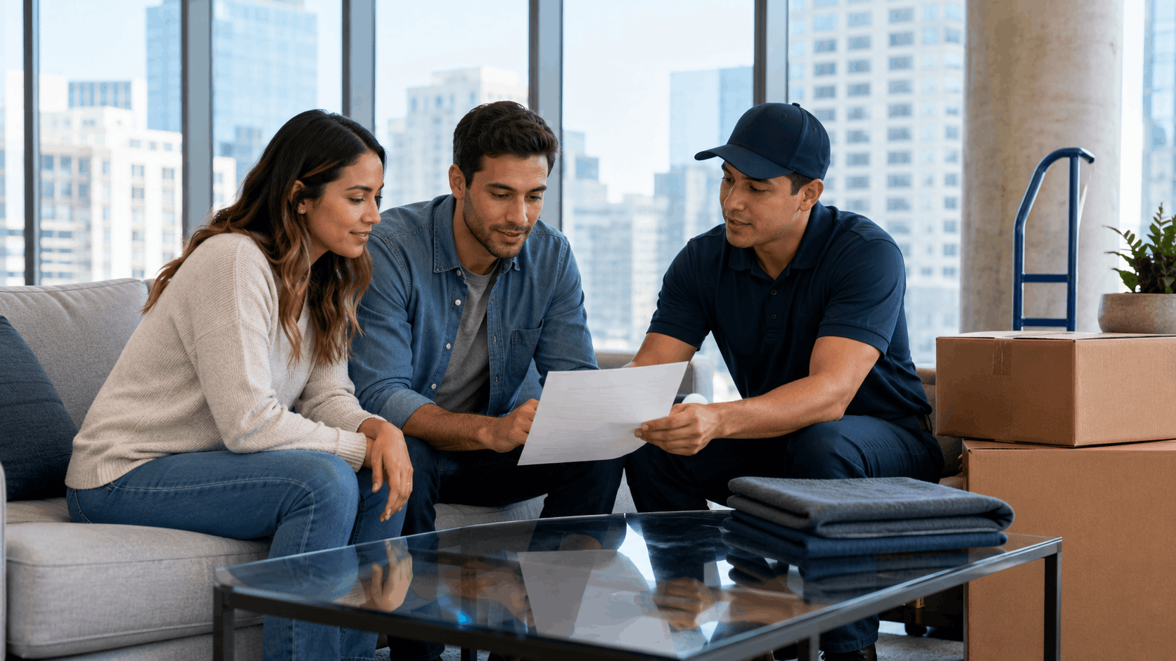 Movers reviewing moving contract with couple in modern Los Angeles high-rise apartment