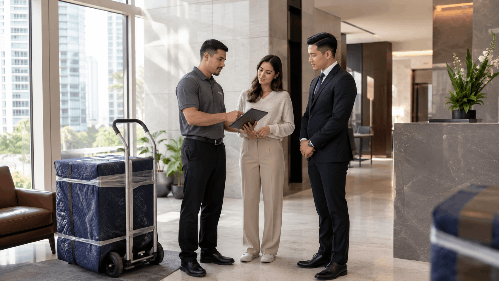 Mover presenting COI document to residents in luxury Los Angeles apartment building lobby