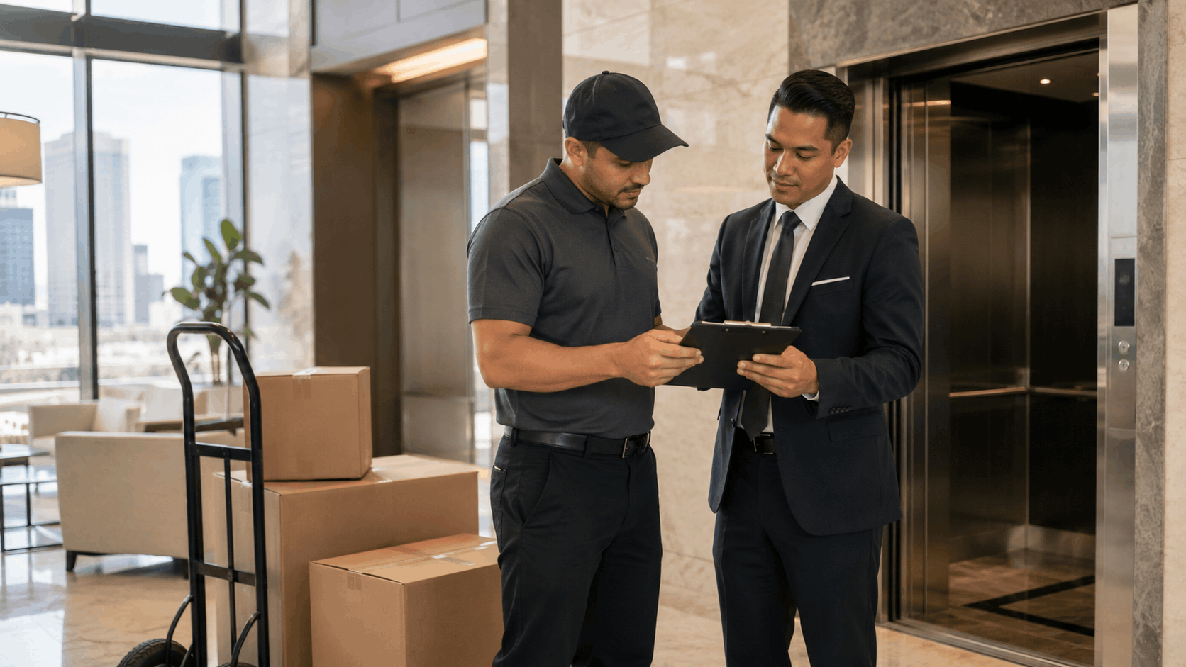 Delivery worker and businessman reviewing COI clipboard near elevator with moving boxes