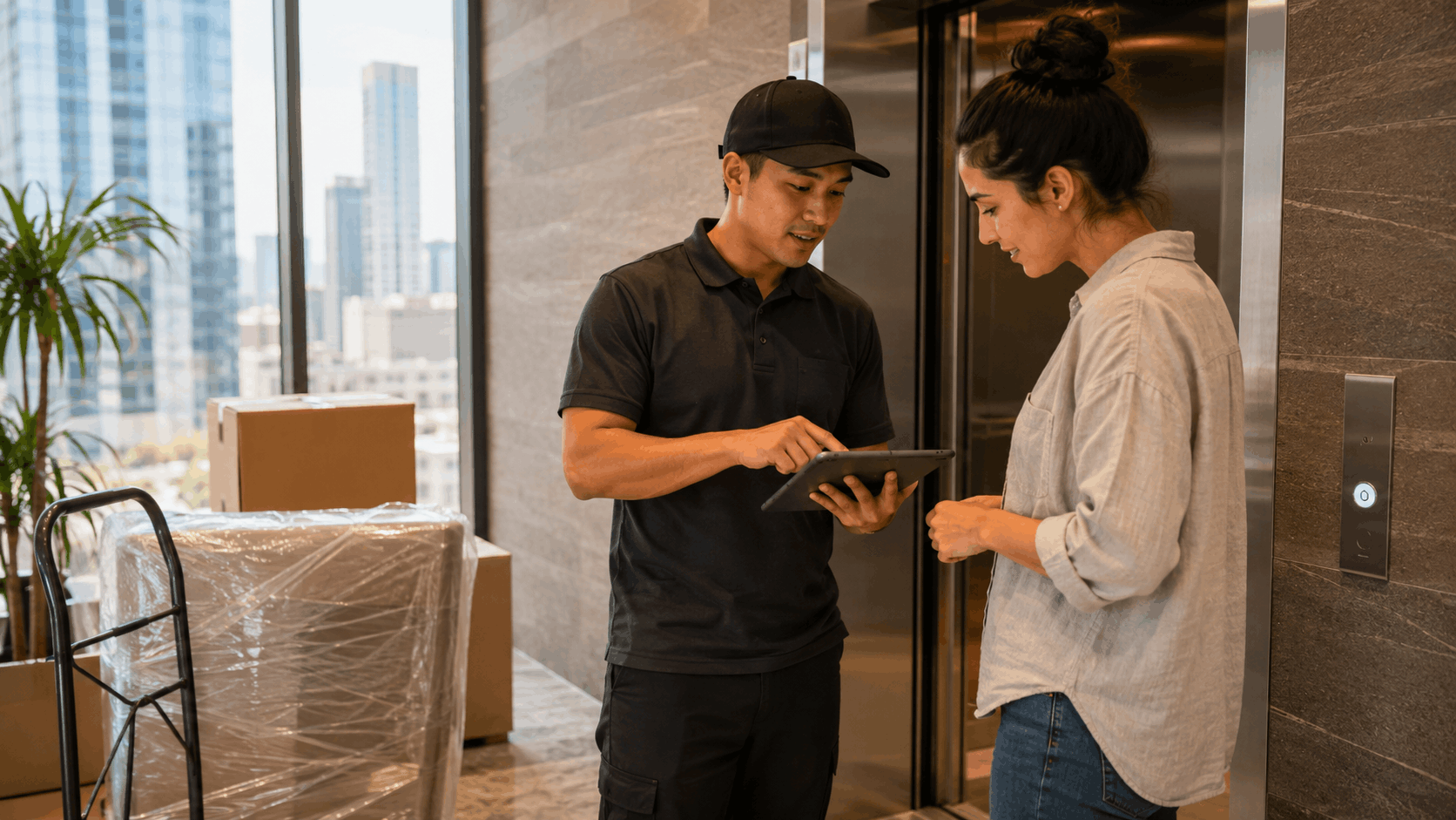 Mover showing tablet to customer near elevator with moving boxes and dollies