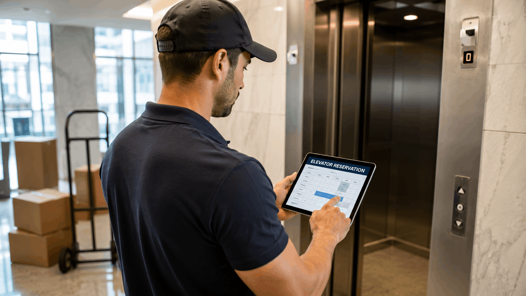 Mover using tablet with elevator reservation app near building elevator with boxes