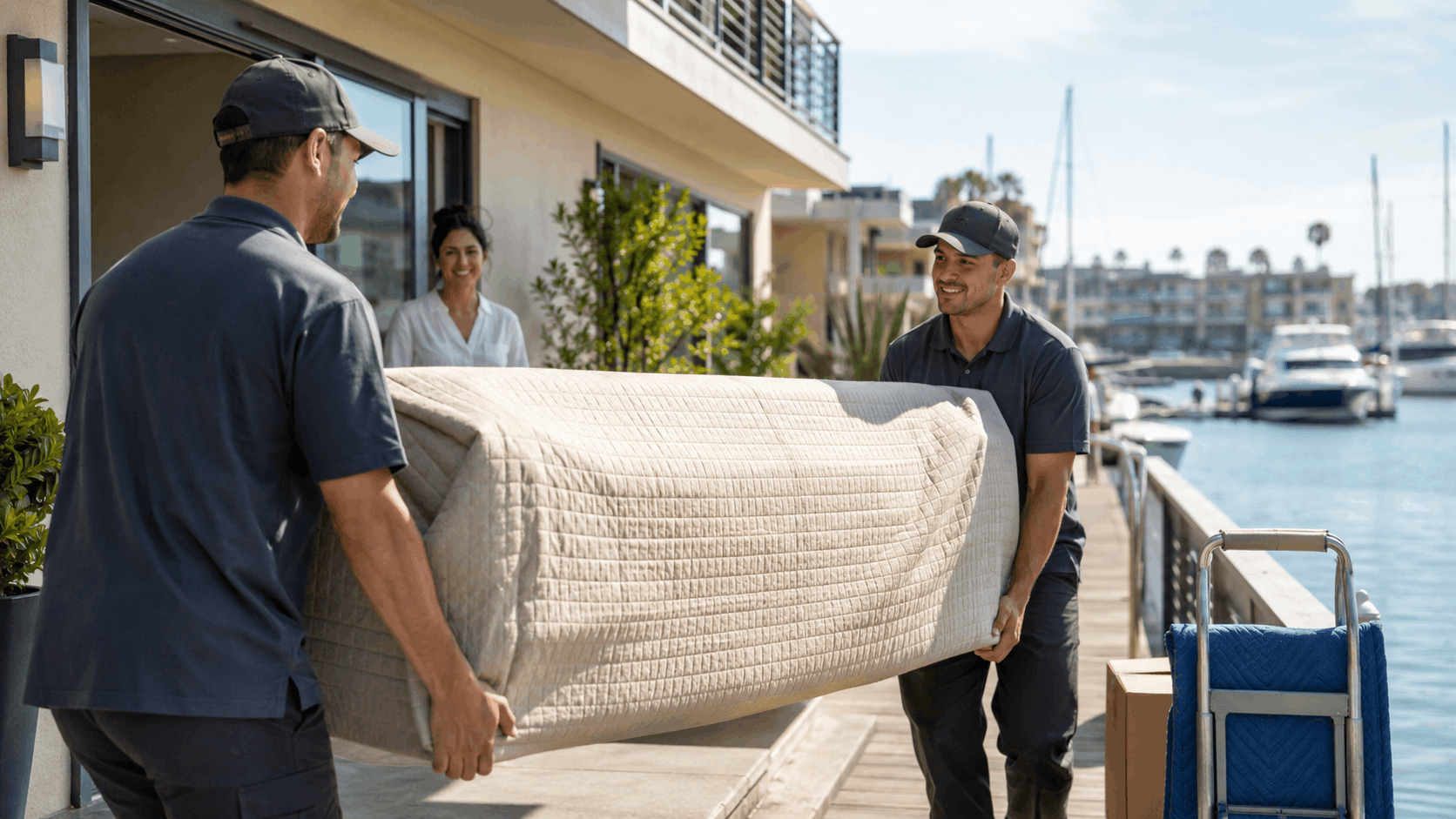 Two movers carrying a mattress into a Marina Del Rey waterfront home