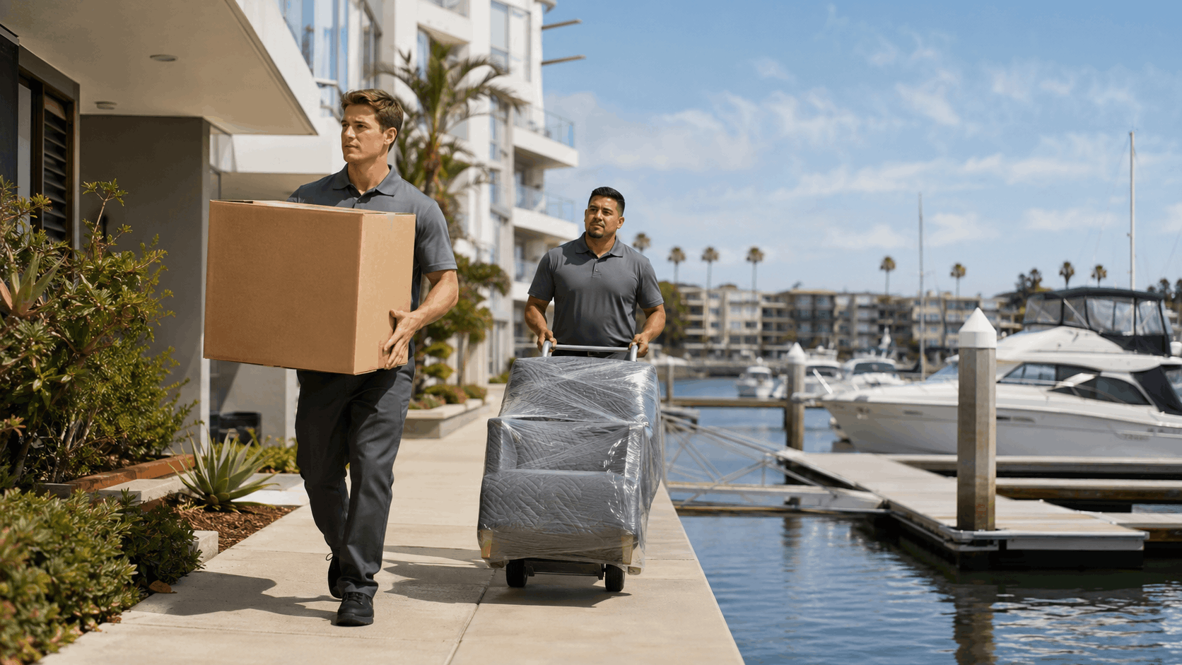 Two movers carrying boxes and furniture along a Los Angeles waterfront marina