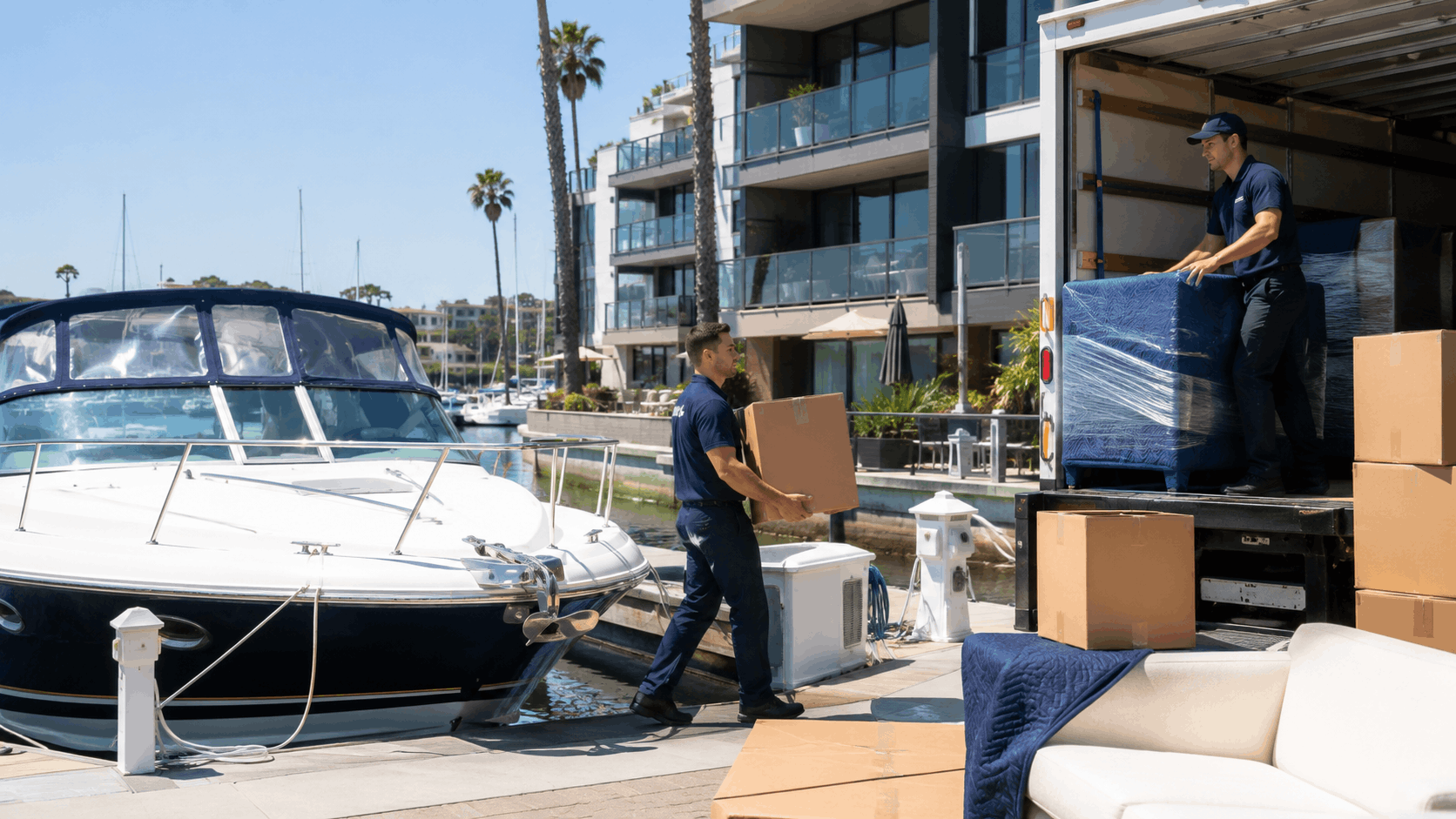 Popeye Moving crew unloading boxes from truck at Marina Del Rey waterfront