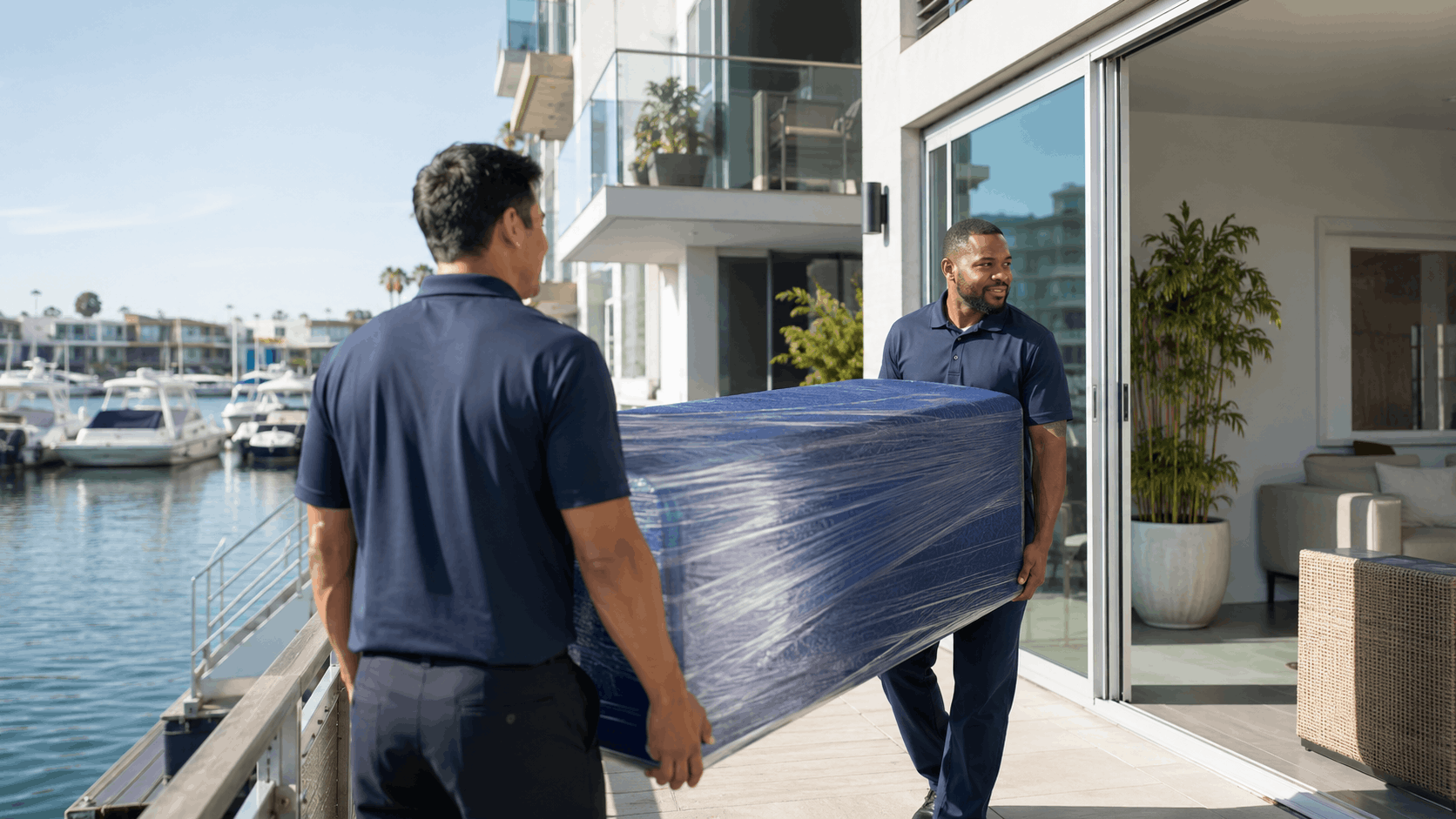 Two Popeye Moving movers carrying wrapped mattress into luxury Marina Del Rey waterfront home