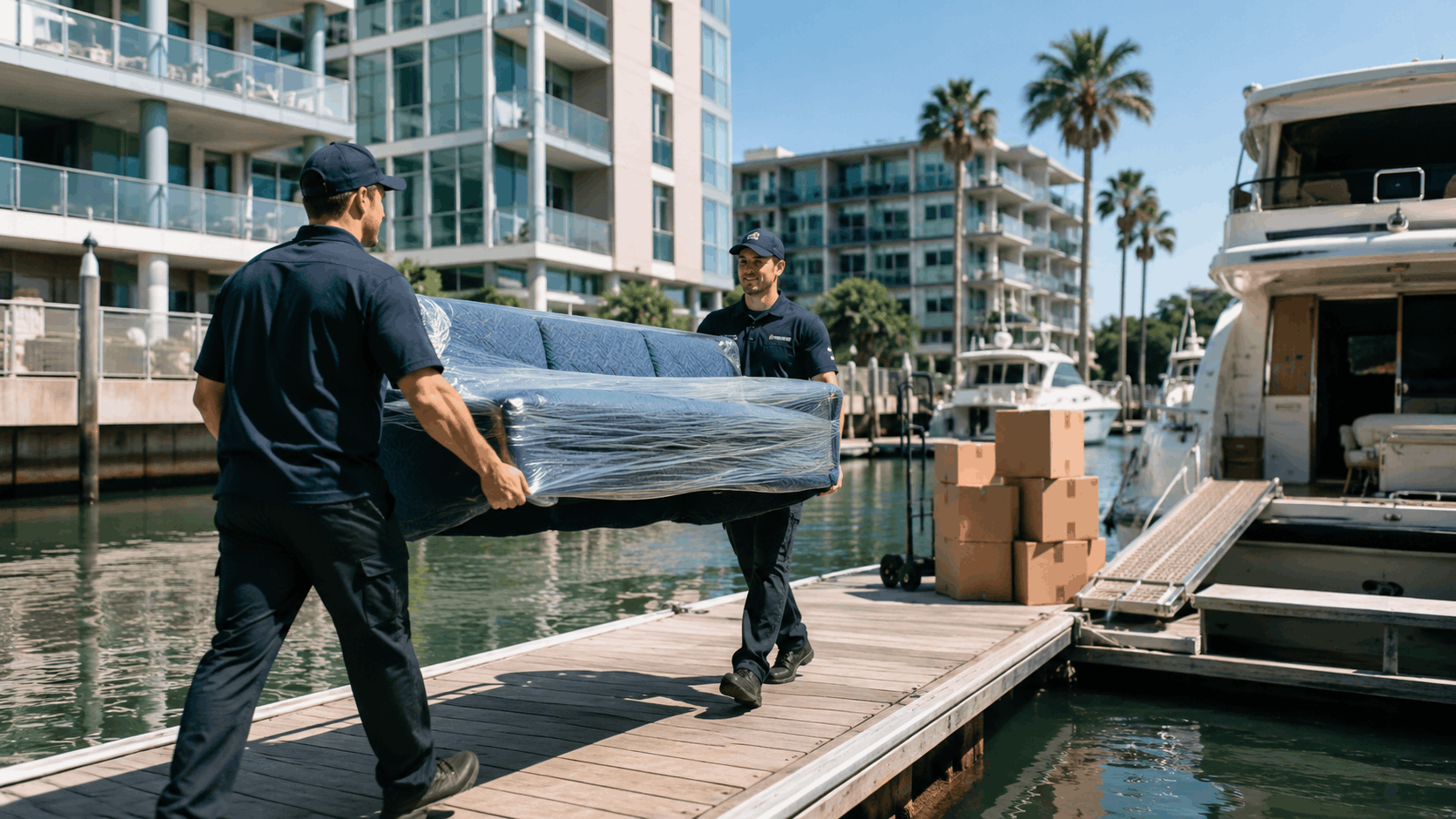 Two Popeye Moving crew members carrying wrapped sofa across marina dock in Los Angeles