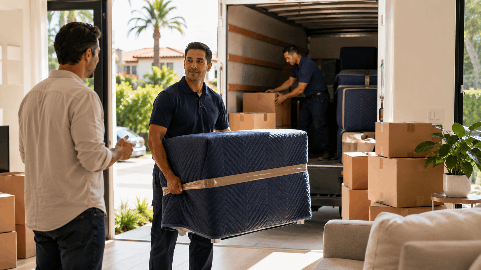 Professional movers unloading furniture and boxes from moving truck into Los Angeles home