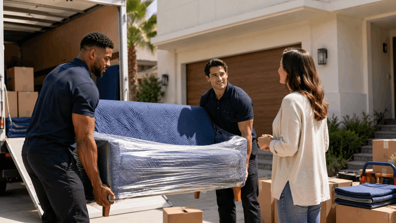 Two professional movers carefully unloading wrapped sofa from moving truck for customer