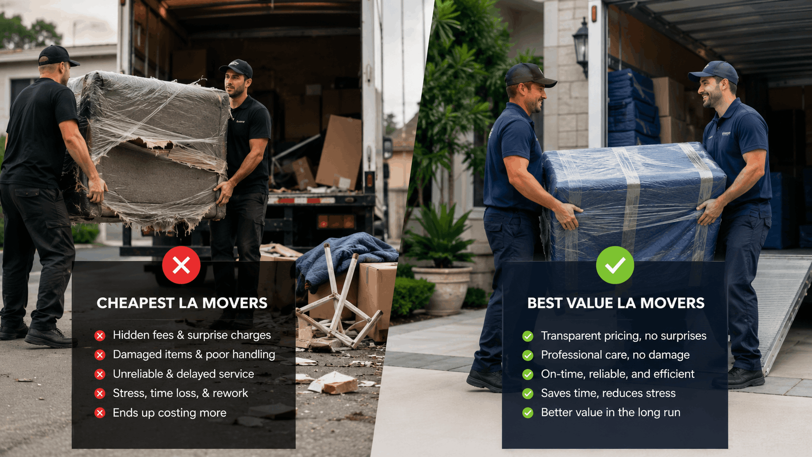 Cheapest vs best value LA movers comparison showing damaged vs professionally handled furniture