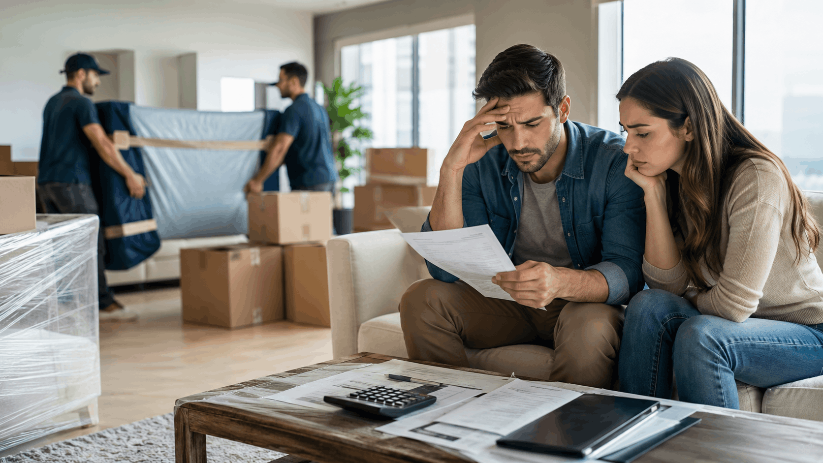 Stressed couple reviewing moving costs on couch while movers carry furniture in background