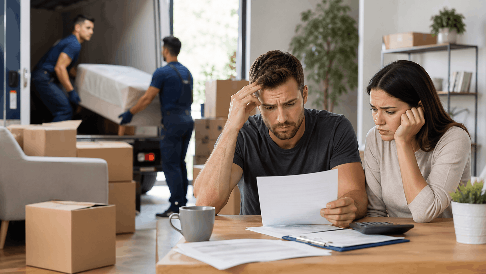 Stressed couple reviewing moving costs while Popeye movers unload furniture and boxes