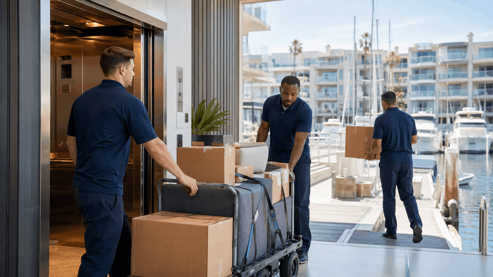 Professional movers in navy uniforms unloading boxes near Marina del Rey waterfront elevator