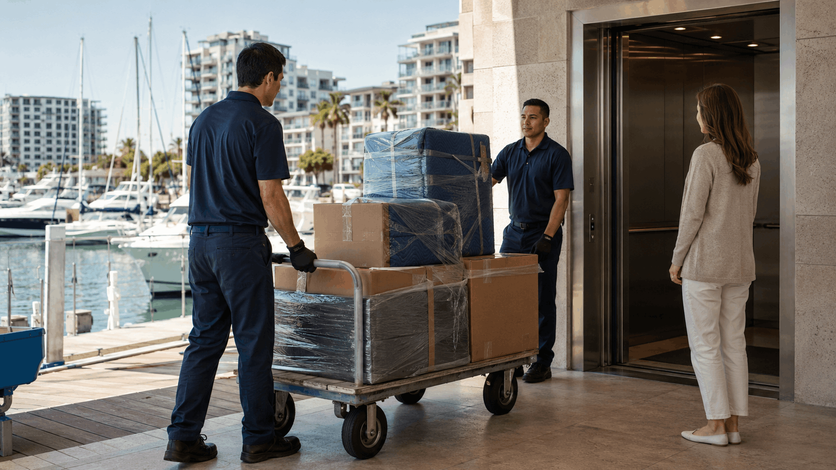 Two movers with dock cart loaded with boxes entering marina building elevator