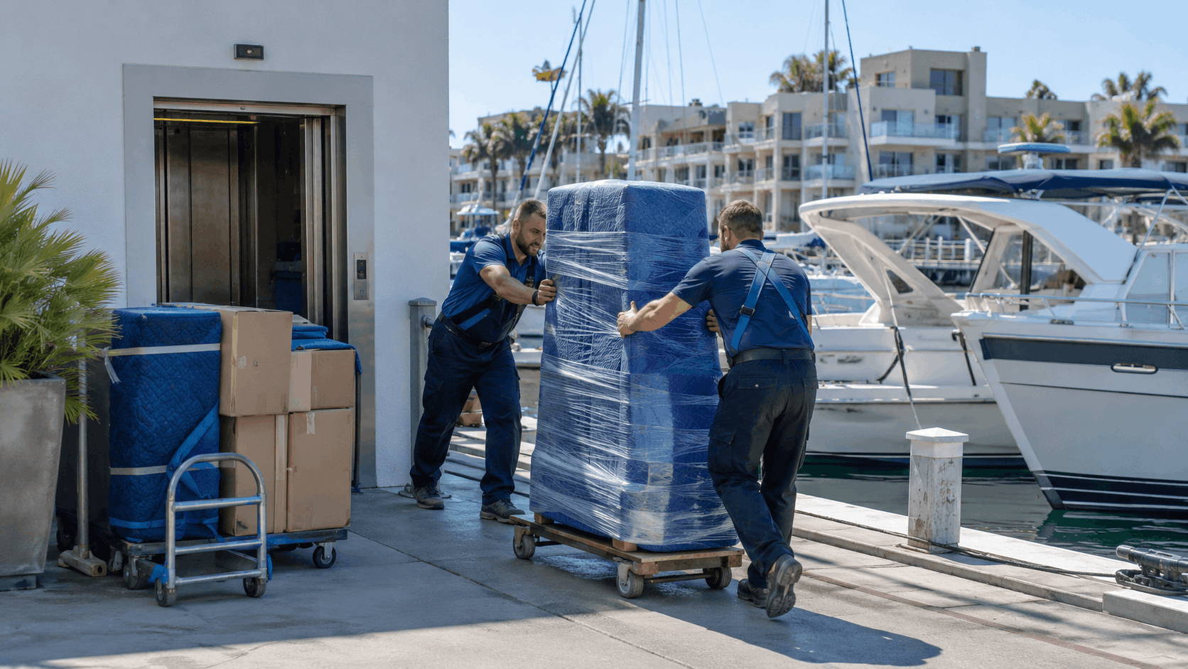 Two movers unloading wrapped furniture onto a Los Angeles marina dock