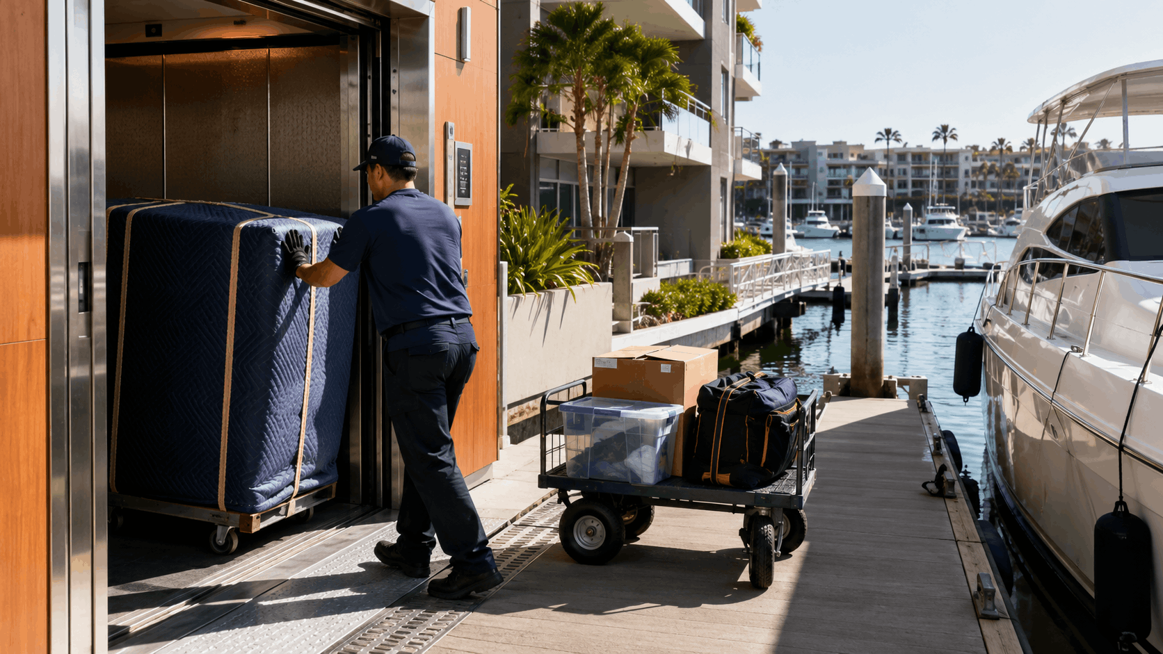 Popeye Moving worker loading furniture into marina elevator beside luxury yacht Los Angeles