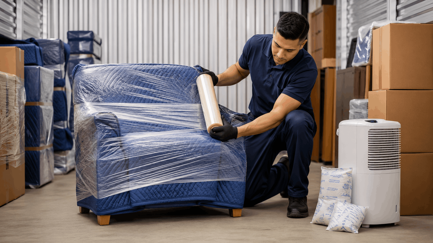 Professional mover wrapping blue armchair with stretch film in Los Angeles storage facility
