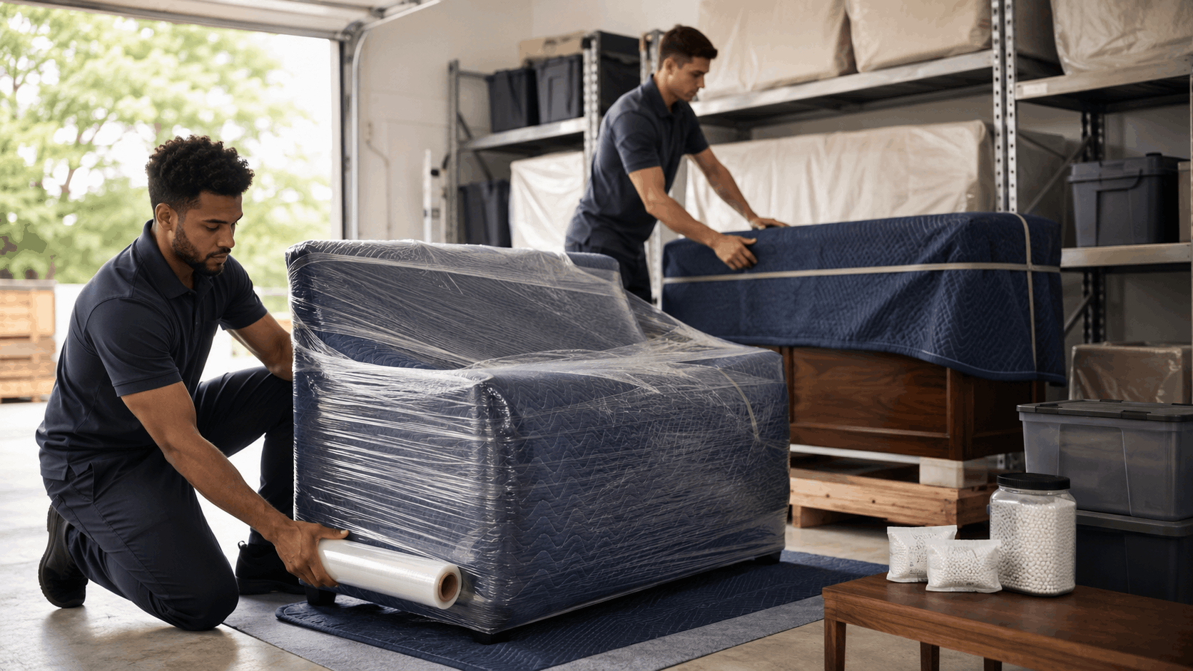 Two professional movers wrapping furniture with plastic stretch wrap in storage facility