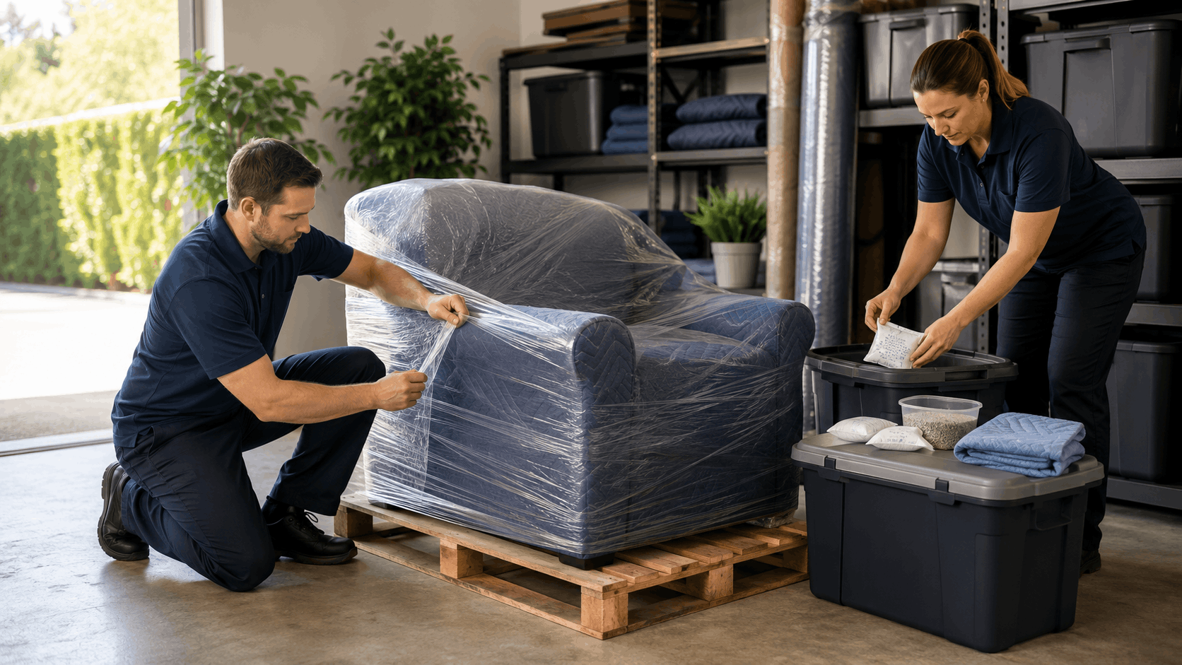 Two movers wrapping armchair in plastic stretch wrap for pest-free storage