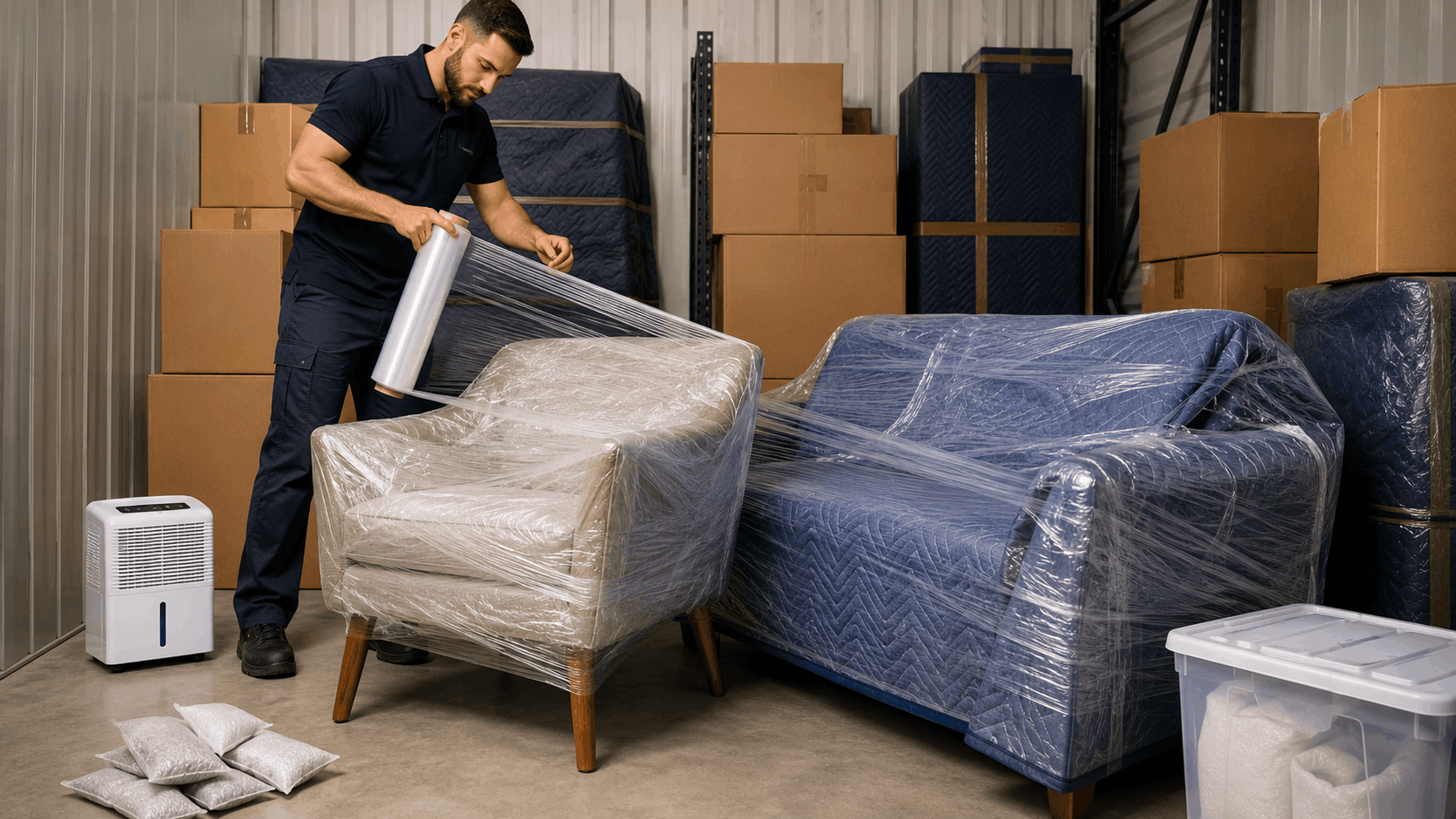 Popeye Moving worker wrapping armchair in plastic stretch wrap inside Los Angeles storage facility