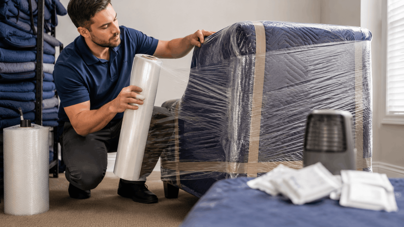 Professional Popeye Moving crew member wrapping blue sofa with stretch plastic film