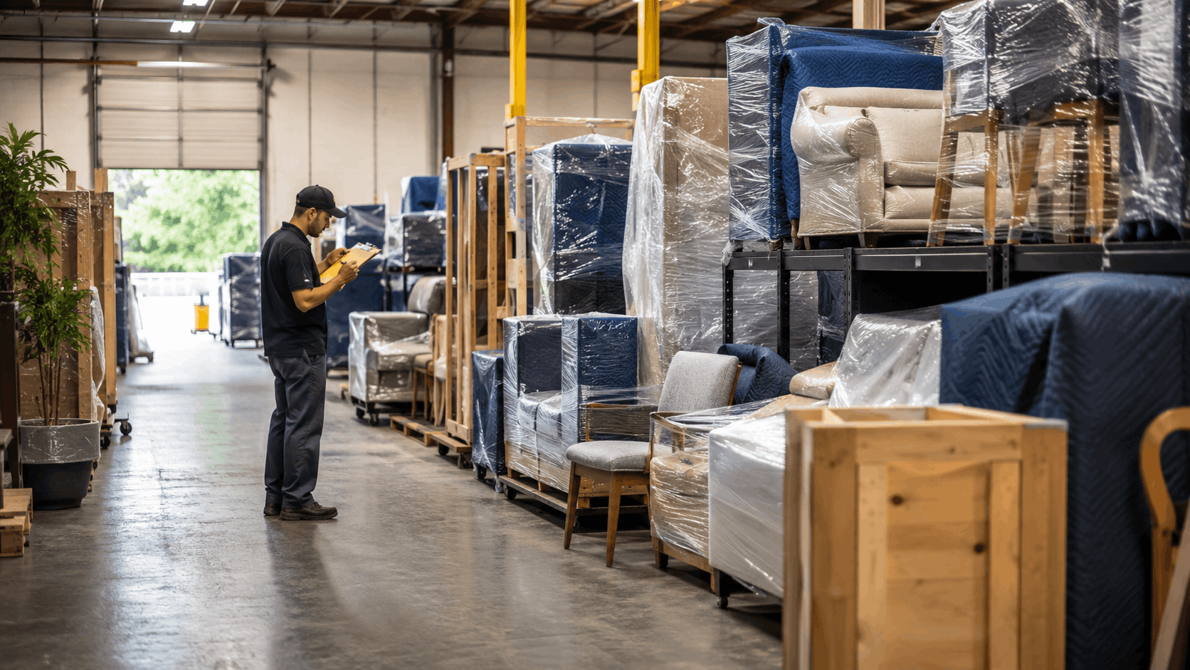 Warehouse worker reviewing clipboard beside plastic-wrapped furniture and wooden crates