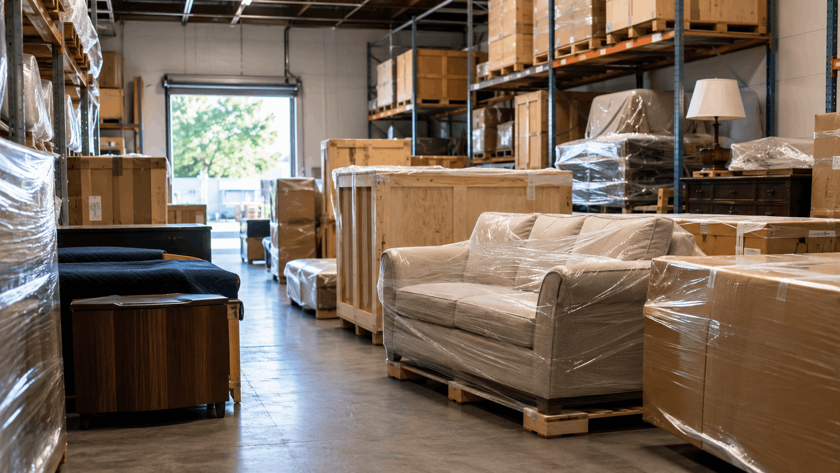 Furniture warehouse storage with plastic-wrapped sofa, wooden crates, and shelving units