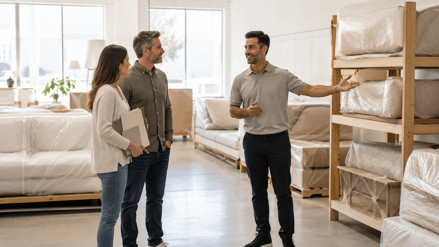 Moving contractor showing furniture storage options to a couple in Los Angeles warehouse