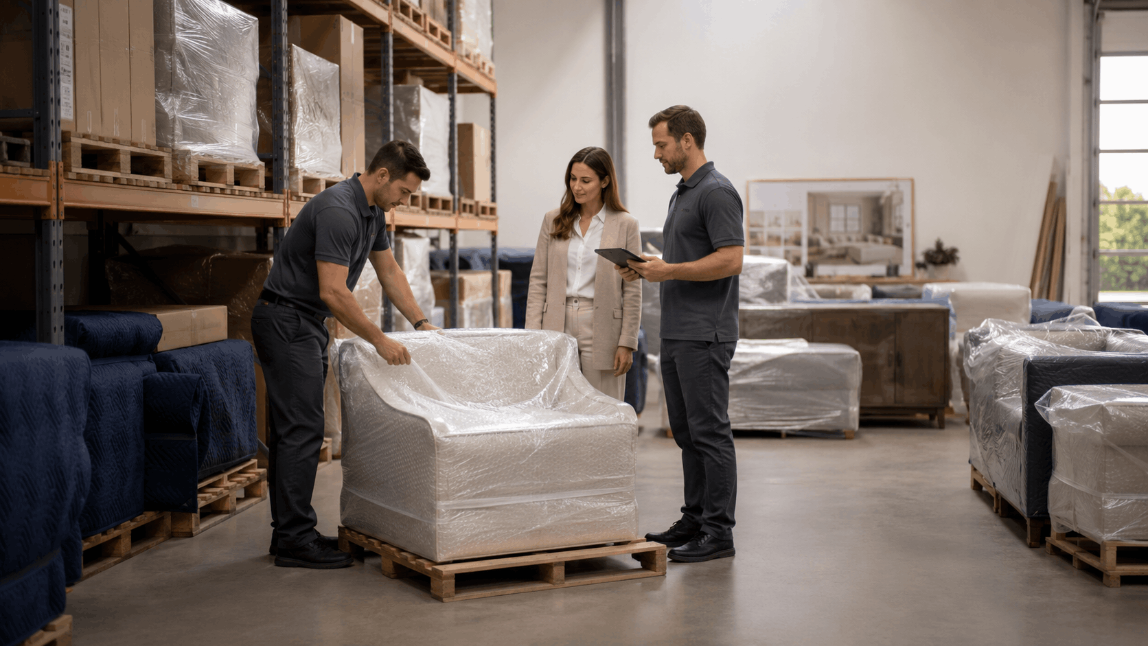 Two movers and client inspecting bubble-wrapped armchair on pallet in warehouse