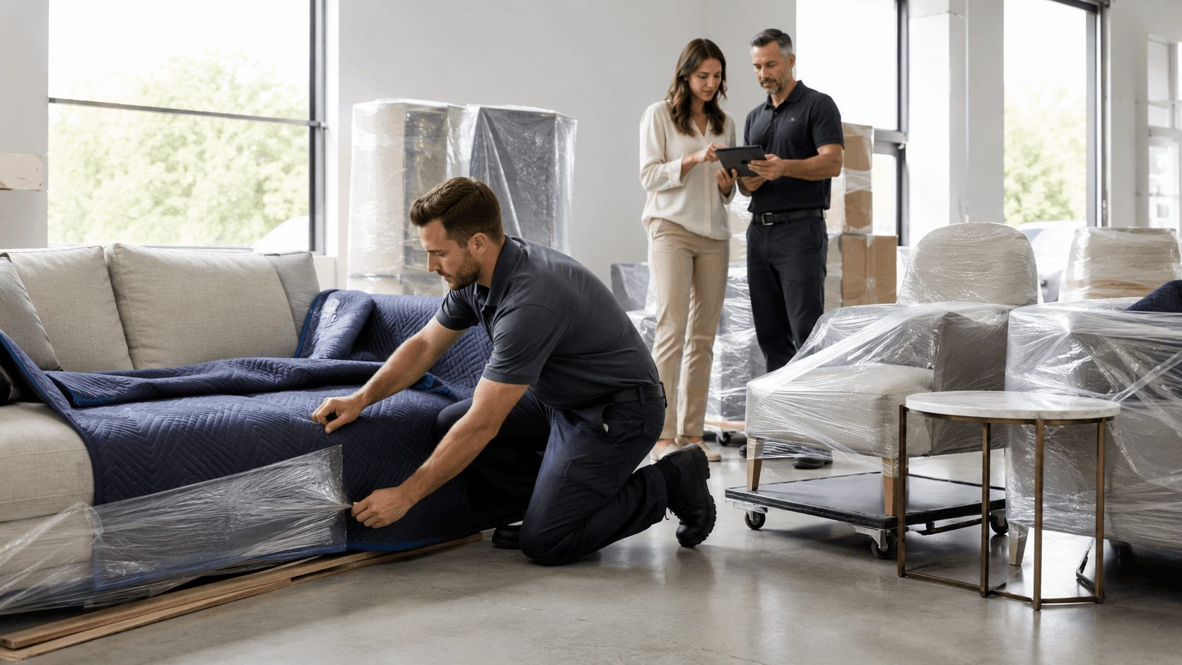 Professional movers wrapping and inventorying furniture for Los Angeles moving and storage service