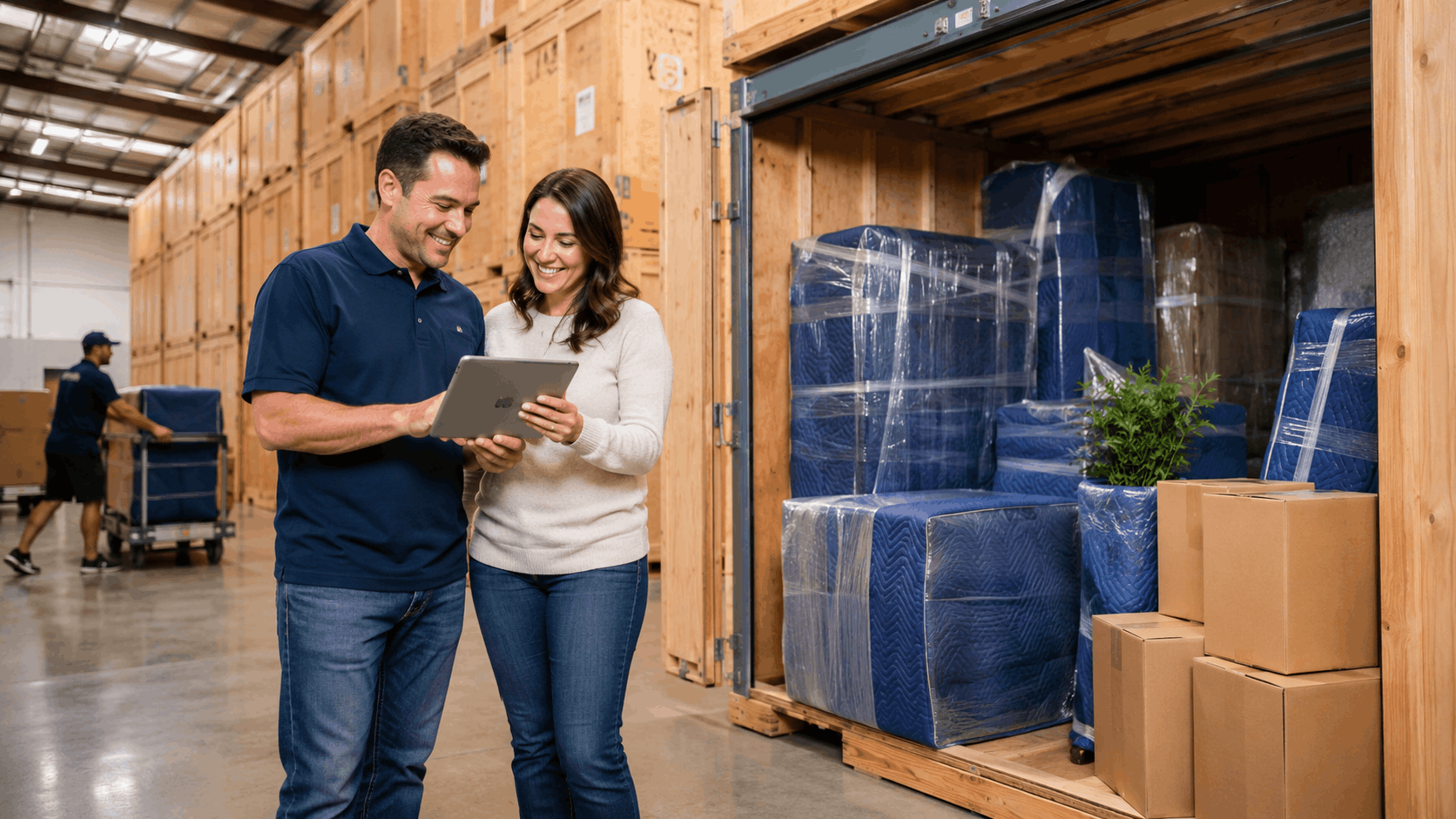 Moving company representative and client reviewing tablet in Los Angeles storage warehouse facility