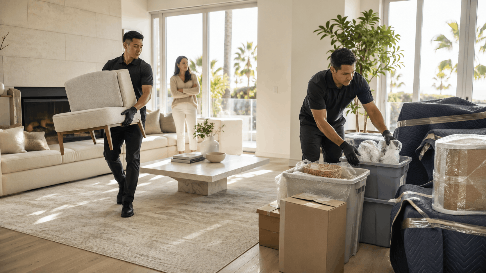Two professional movers in black uniforms packing furniture in bright Los Angeles home