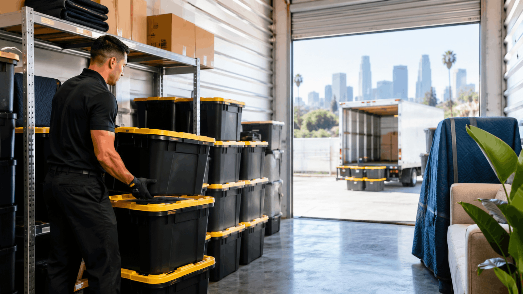 Los Angeles mover organizing black storage bins on shelves near moving truck