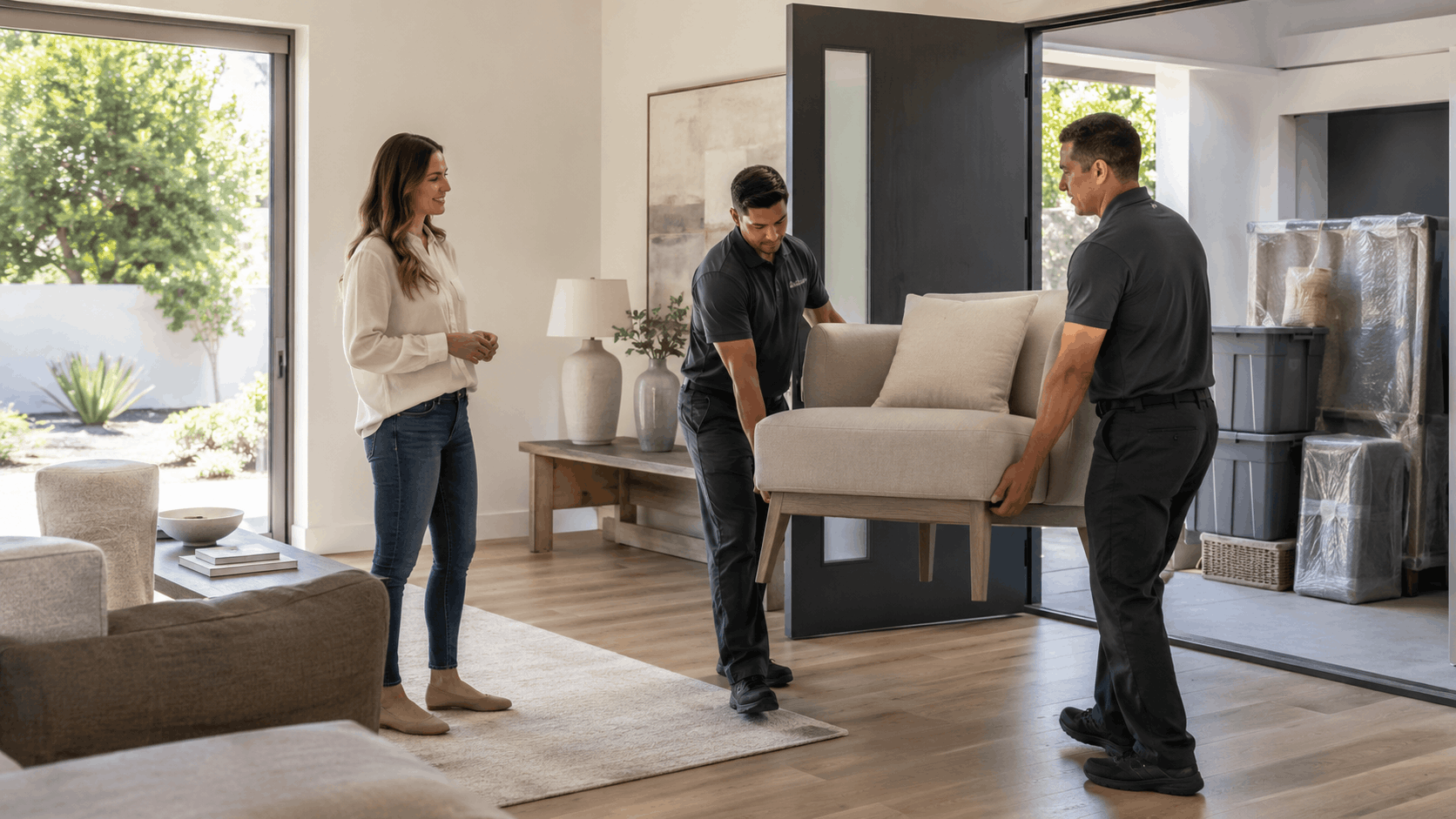 Two professional movers carrying a beige armchair into a modern Los Angeles home