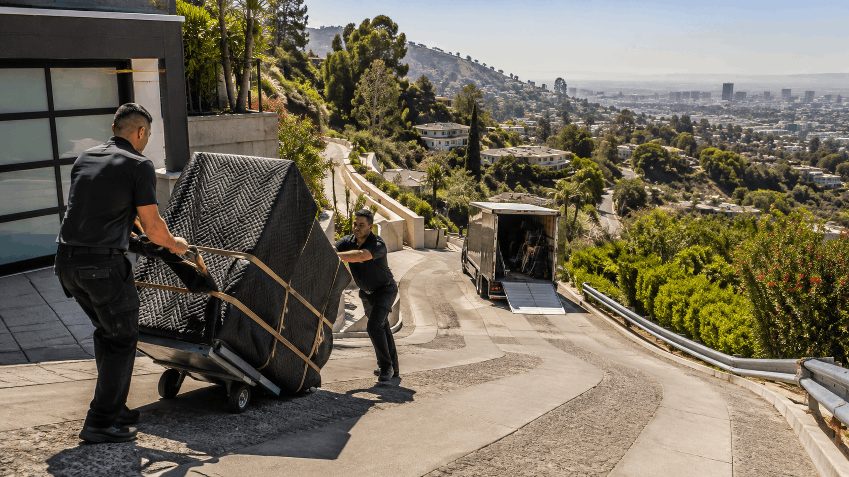 Two movers unloading furniture truck on steep switchback driveway in Los Angeles hills