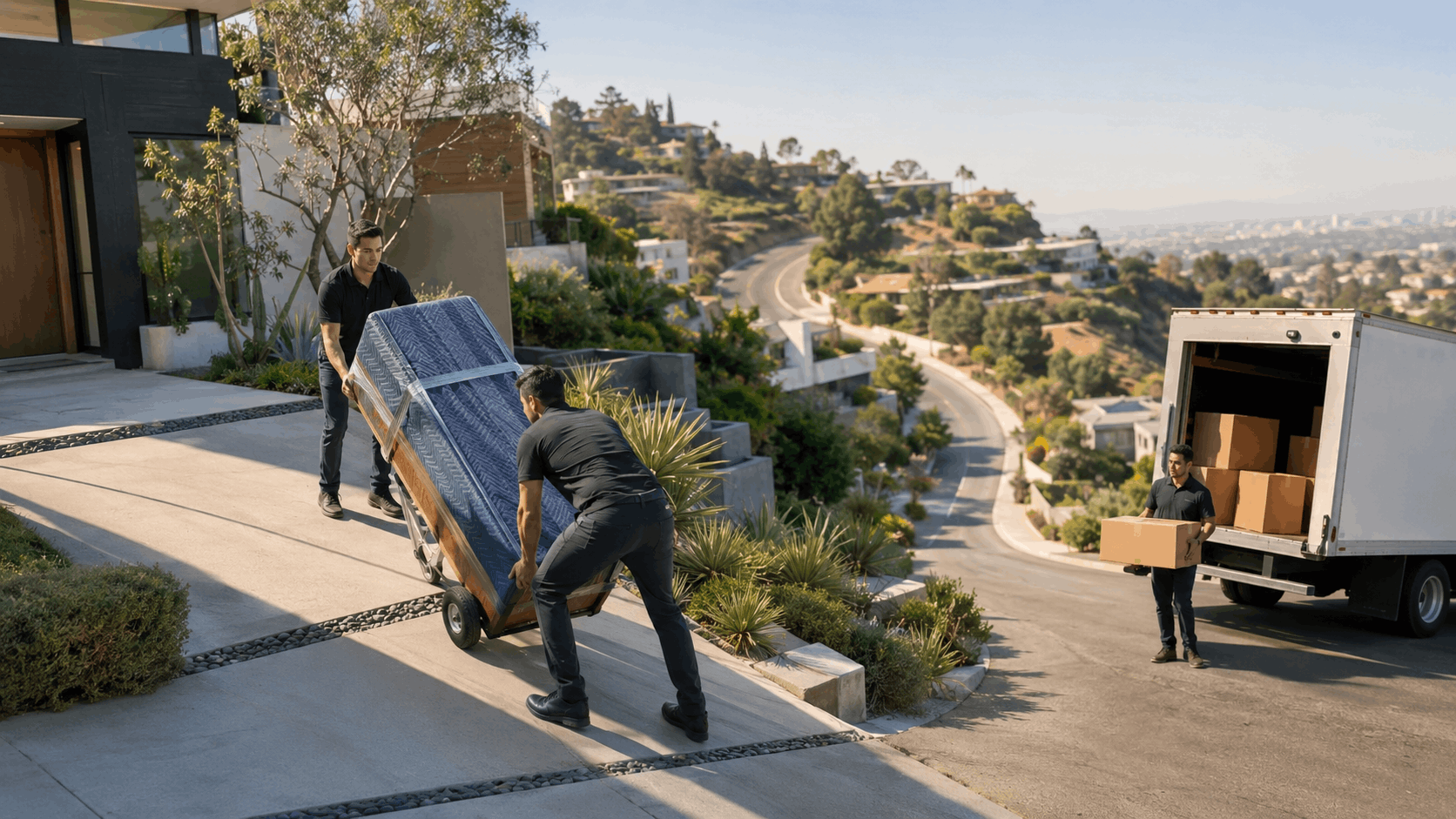 Professional movers unloading furniture and boxes at Hollywood Hills luxury home