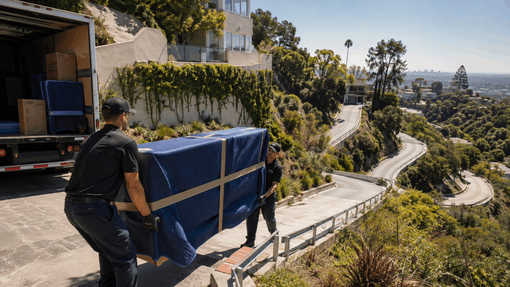 Two Popeye Moving crew members unloading wrapped furniture on Los Angeles hillside driveway