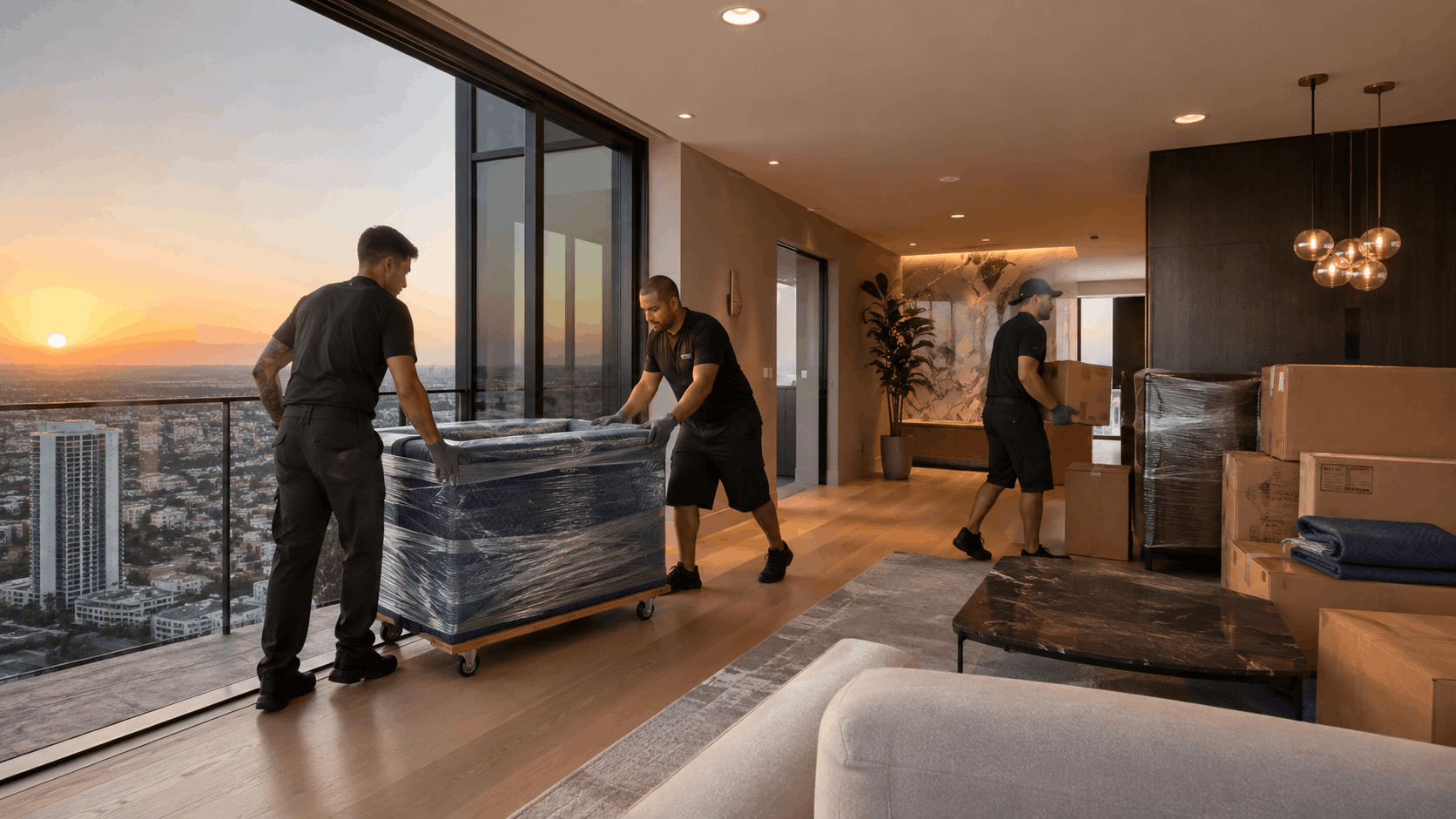 Professional movers relocating furniture in luxury high-rise apartment overlooking Los Angeles sunset