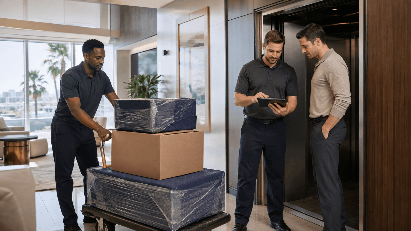 Two professional movers with dolly and boxes near luxury apartment elevator