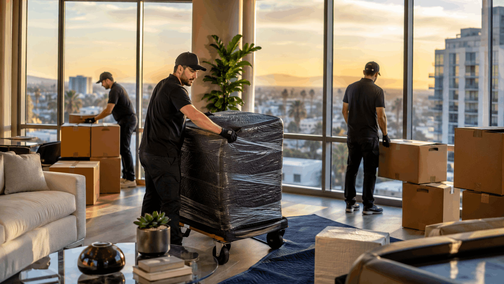 Professional movers in black uniforms relocating furniture and boxes in Los Angeles high-rise