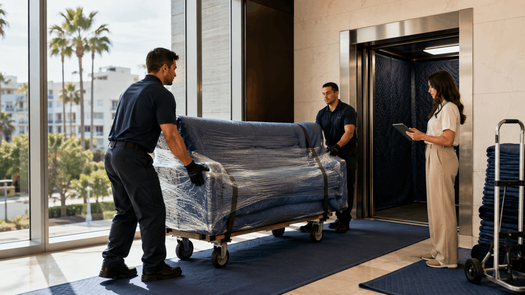 Two professional movers carrying wrapped sofa into padded elevator in Los Angeles building