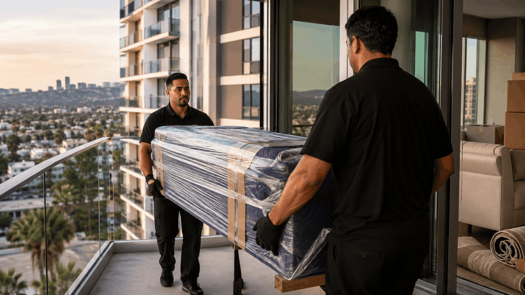 Two Popeye Moving workers carrying wrapped mattress into Los Angeles high-rise apartment