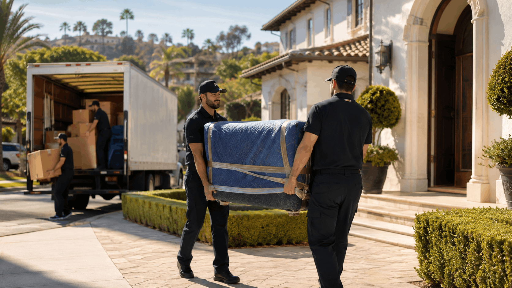 Professional movers carrying wrapped furniture into luxury Cheviot Hills estate home Los Angeles