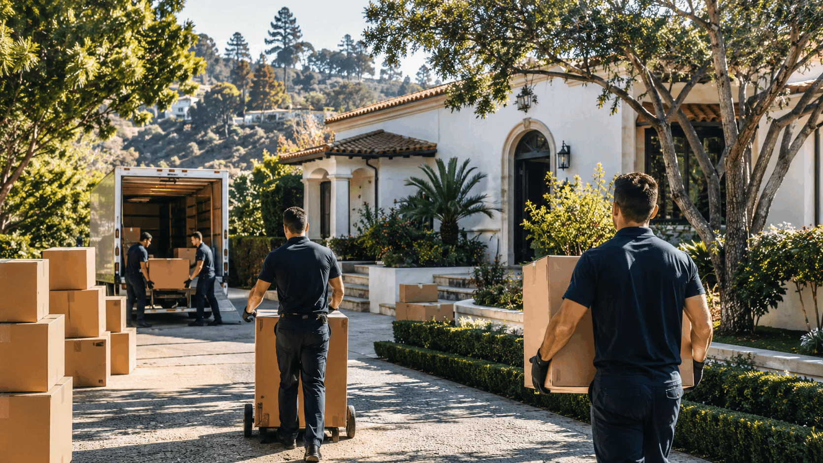 Professional movers unloading boxes at luxury Los Angeles Spanish-style home