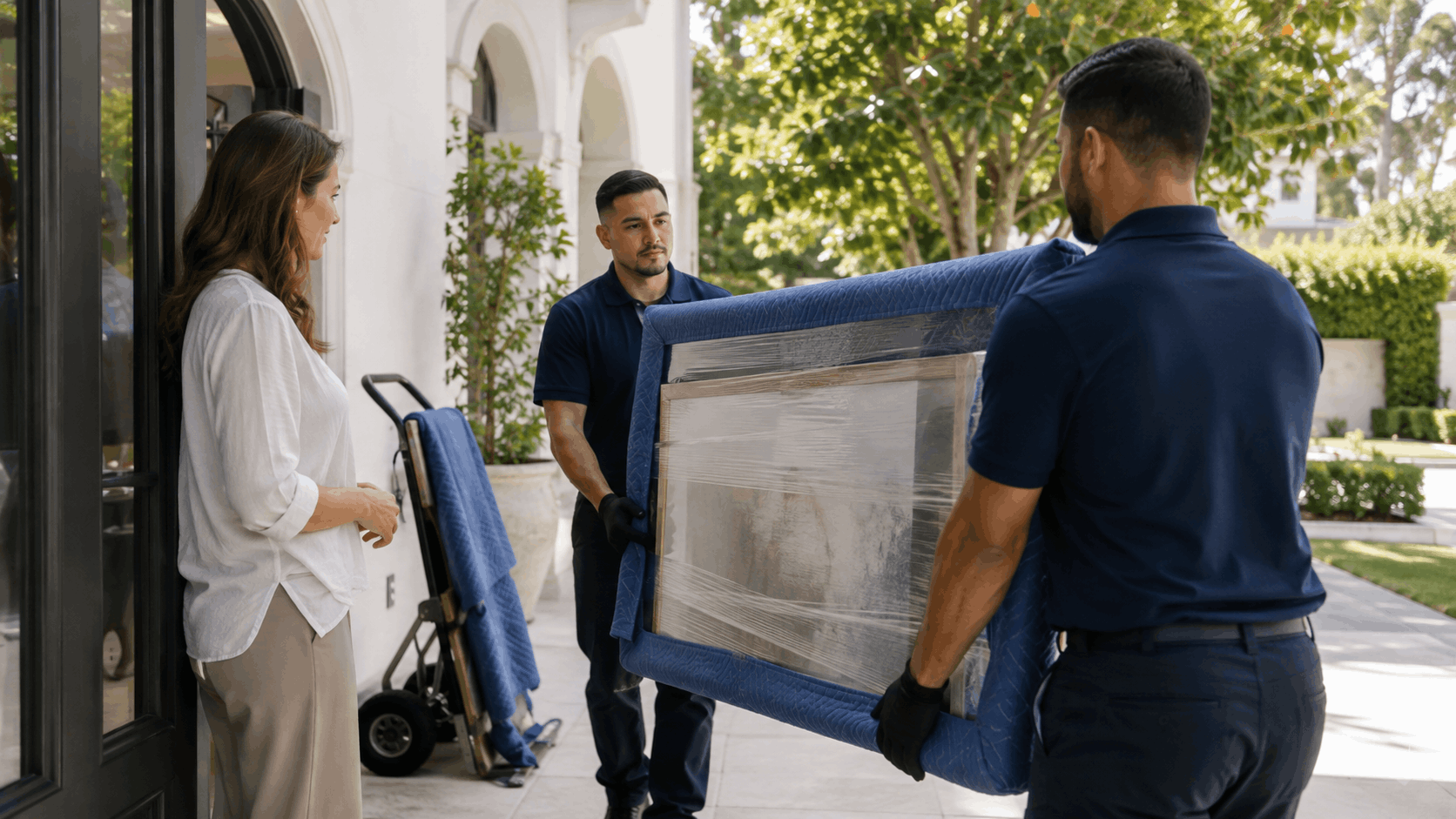 Two Popeye Moving workers carrying wrapped furniture into Cheviot Hills home